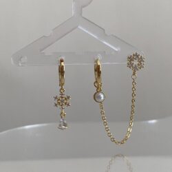 Çift Delikli İçin Zincir Bağlantılı Kar Taneli İncili Küpe