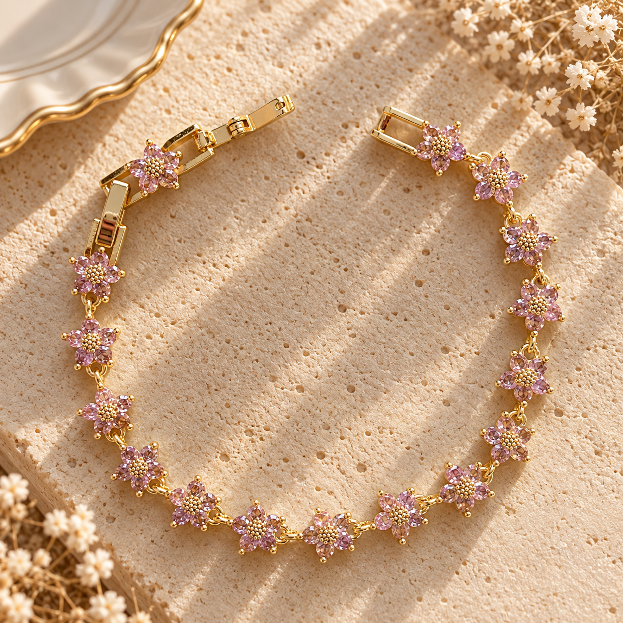 Roselia Pembe Çiçek Bileklik - Roselora 14K Gold Kaplama Xuping Bileklik